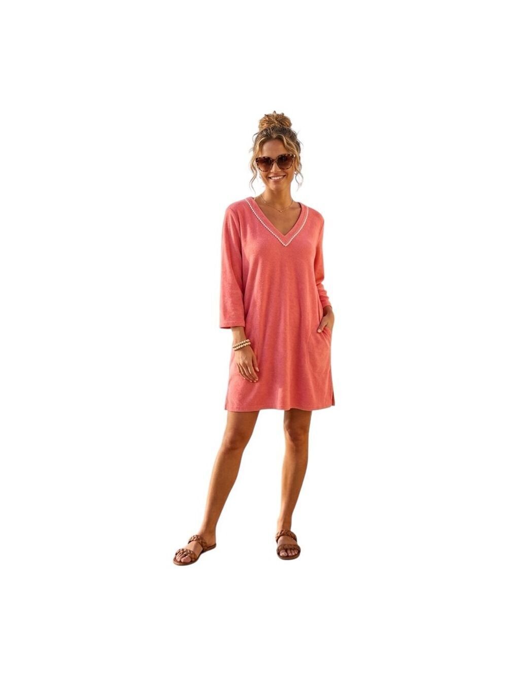 Lands’ End Coral Terry Swim Cover-Up Dress V-Neck Pockets L 14-16